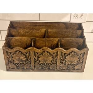Vintage Faux Wood Desk Organizer Compartment Storage with Ornate Carved Look